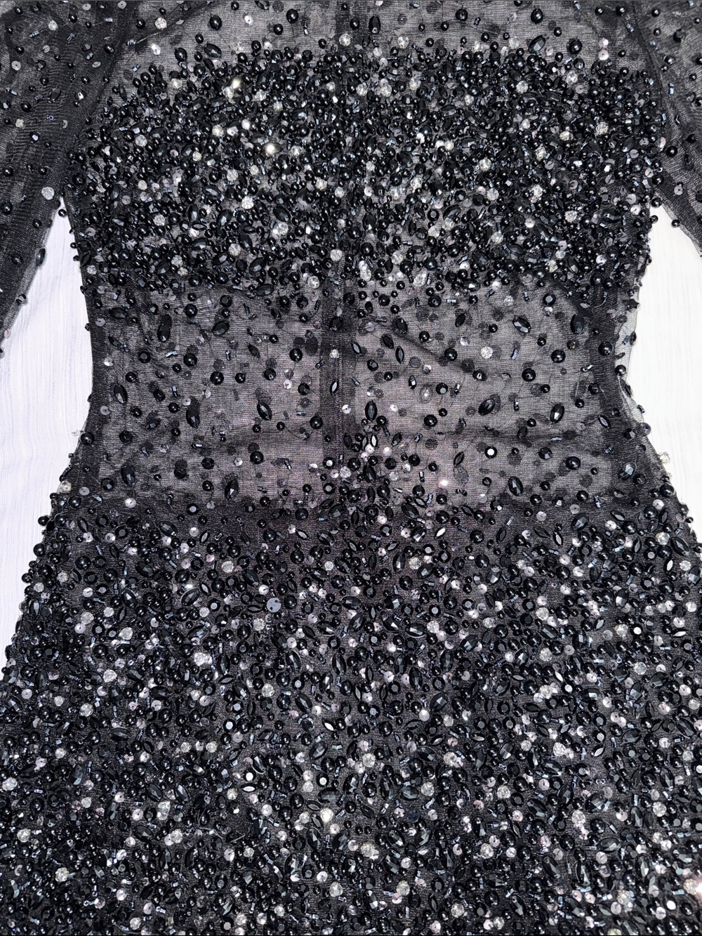 Black Beaded Sheer Mesh Long-Sleeve Mesh Mini Cocktail Dress - Picture 7 of 17